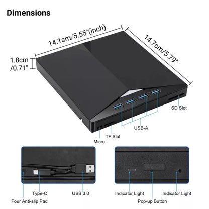 7-in-1 External CD DVD Drive for Laptop and Desktop - USB 3.0 Type-C Portable DVD Burner with TF/SD Card Slots