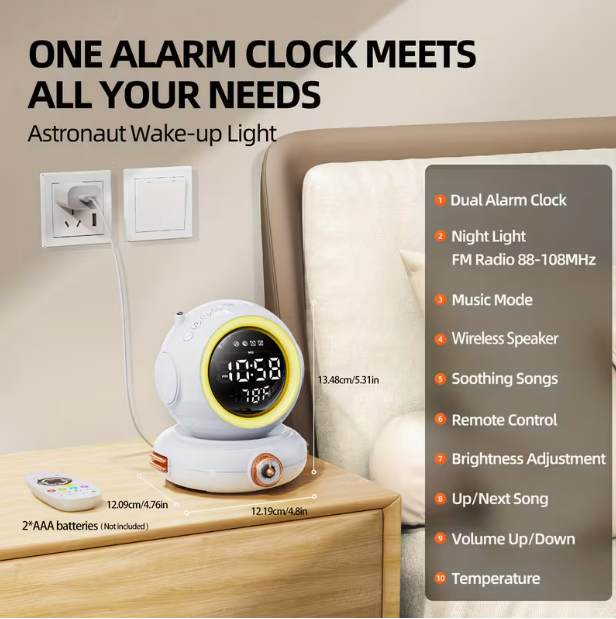Wake-Up Light Alarm Clock with Wireless Speaker – Dual Alarms, FM Radio, Sunrise Simulation, Snooze, 8 Brightness Levels, 6 Soothing Sounds, ABS Bedside Clock