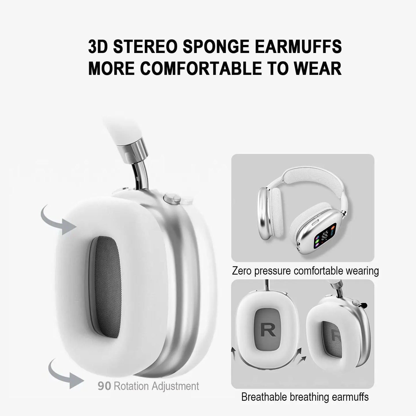 Over-Ear Wireless Bluetooth Headphones - Smart Color Digital Display, 16H+ Battery, Equalizer, Low Latency, Surround Sound for Gaming