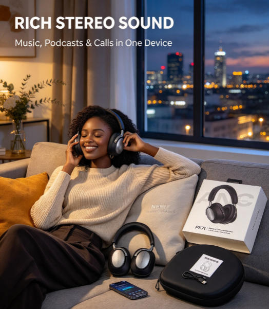 PX71 ANC Over-Ear Bluetooth Headphones - Metallic Finish with Curved Hook Design and Active Noise Cancelling