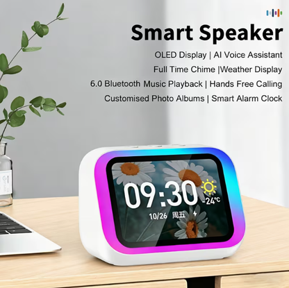 AI Smart Speaker & Alarm Clock with Wireless Speaker – Dynamic RGB Light, Hi-Fi Stereo Sound, HD Smart Display, Answer/Make Calls, Voice Assistant, Period Tracker, 2500mAh Battery, Portable Bedside Digital Clock