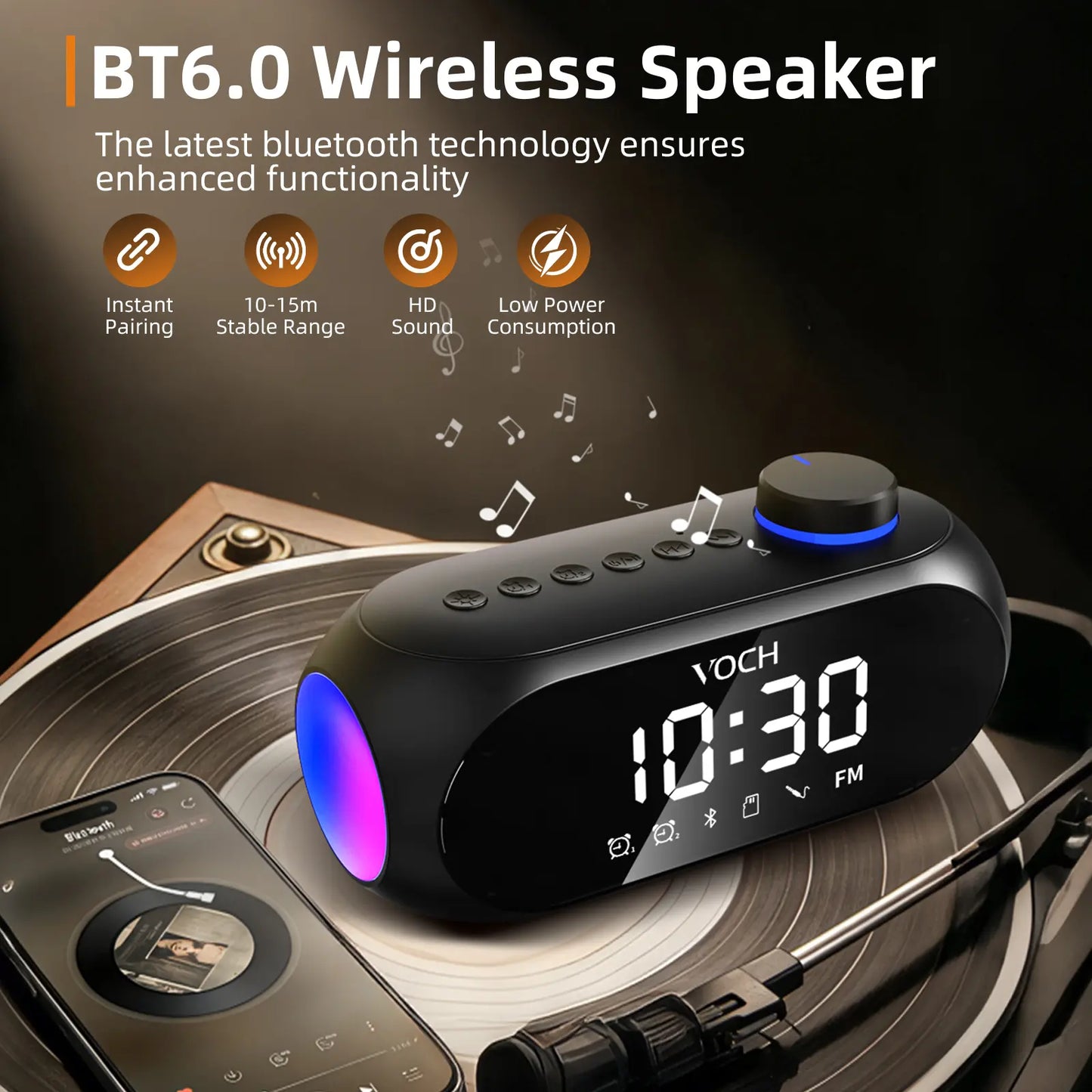 Bluetooth Speaker with Dual Alarm Clock – FM Radio, TF Card Slot, AUX Input, LED Mood Light – Digital Bedside Clock for Bedroom, Home, Travel