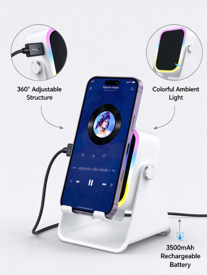 5in1 Wireless Induction Audio Speaker Stand, 3500mAh Emergency Power Bank, 360° Adjustable Phone Tablet Holder with Colorful Ambient Light, Gifts for Men Women