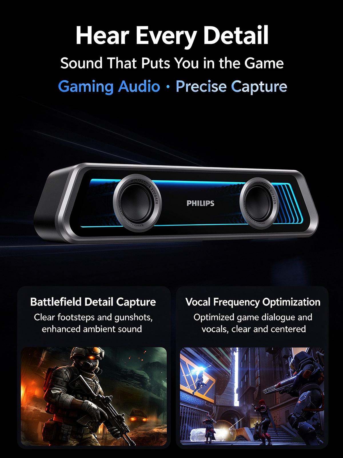 Philips Mirror-Finish Bluetooth Speaker - RGB Lighting, Long Strip Soundbar with Treble & Bass, Home Esports Gaming Speaker, TV Soundbar, Immersive Sound
