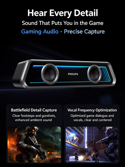 Philips Mirror-Finish Bluetooth Speaker - RGB Lighting, Long Strip Soundbar with Treble & Bass, Home Esports Gaming Speaker, TV Soundbar, Immersive Sound