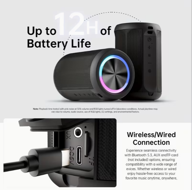 Portable Speaker with Crystal Clear HD Sound & RGBW Dynamic Light Show – IPX5, All-Day Playtime, TWS Pairing, Subwoofer & Stereo Sound, USB-C Charging, for Smartphone/Tablet, Home/Office/Party