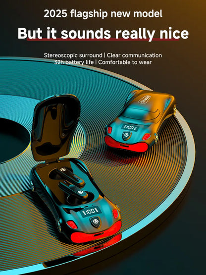 Black Wireless Earphone with Cool Sports Car Shape – Low Latency & Long Battery Life, Portable Bluetooth Earbuds