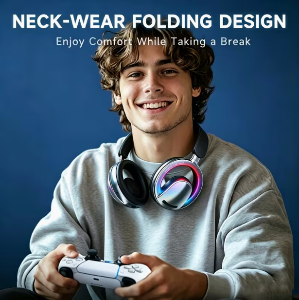 Wireless Open-Ear Gaming Headset – Bluetooth 5.4, RGB Lights, Detachable ENC Mic, Deep Bass Stereo, Foldable Lightweight, Compatible with PS5/PS4/Xbox/Switch/PC