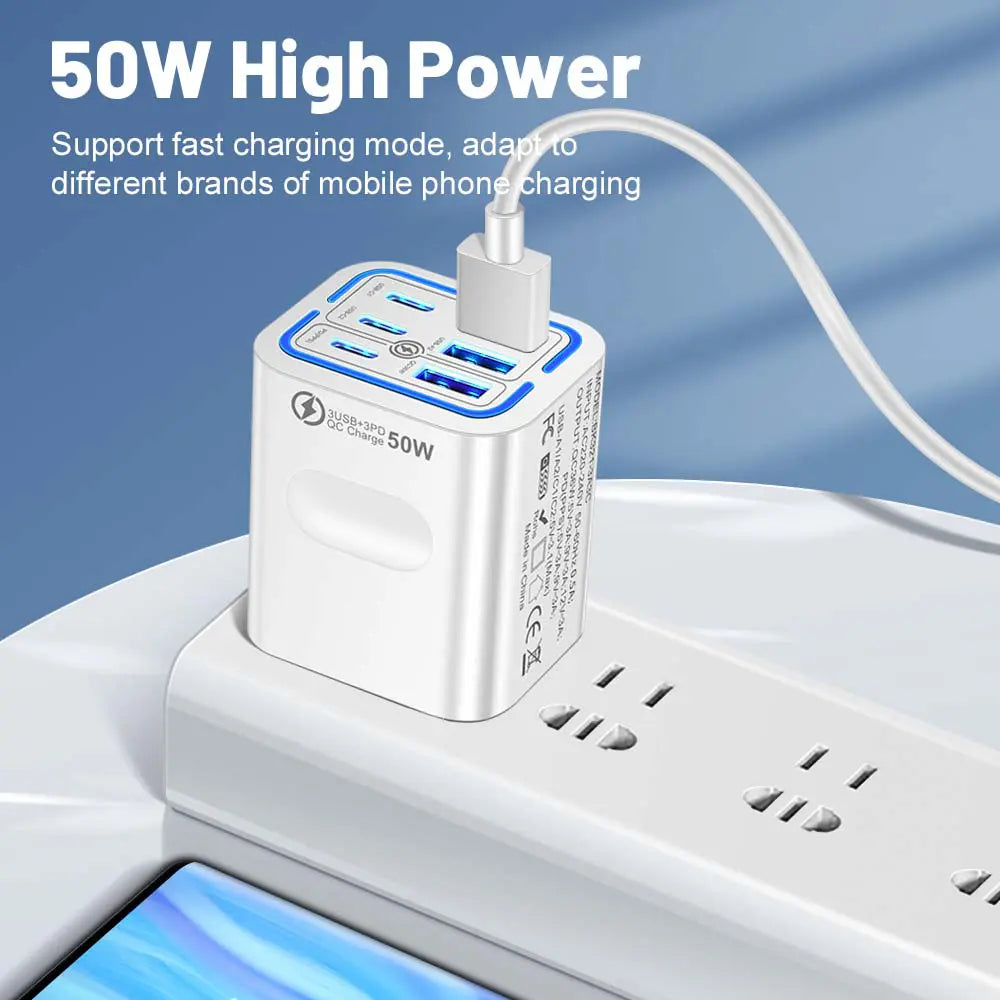KAXOE Portable Multi-Port Charging Station 50W – 6-Port USB-C & USB-A Adapter Cube Plug for iPhone, iPad, Samsung – Fast Charging Hub