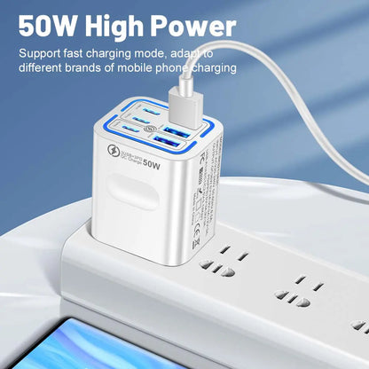 KAXOE Portable Multi-Port Charging Station 50W – 6-Port USB-C & USB-A Adapter Cube Plug for iPhone, iPad, Samsung – Fast Charging Hub