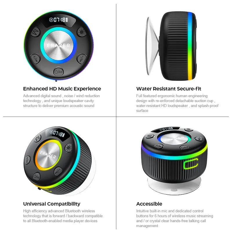 ERAZER XM102 – IPX6 Waterproof Shower Bluetooth Speaker with Suction Cup, Portable Wireless Speaker for Home/Party/Outdoor/Beach