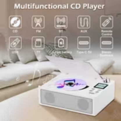 Multifunctional CD Player with Dual Stereo Speakers – USB/AUX Input, FM Radio, Type-C Charging, LED Display, Remote Control, Bluetooth Receiver & Stereo Earphone Jack