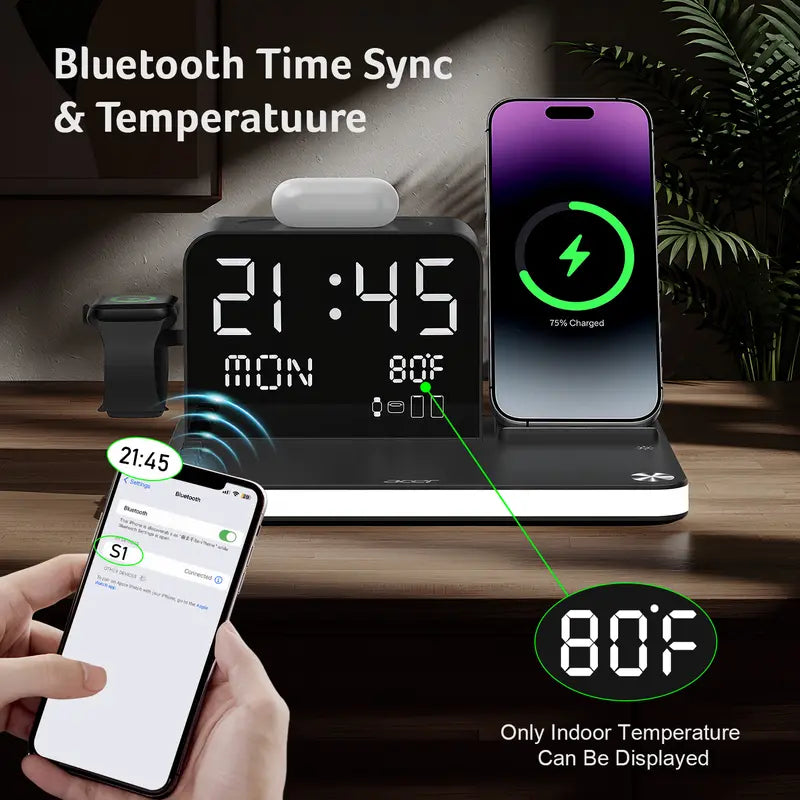 Acer 7 in 1 Wireless Charging Station with Fast Wireless Charger, LED Night Light, Bluetooth Time Sync Clock & Temperature Display, USB-A & USB-C, Magnetic MagSafe – for iPhone, Android Phone, Apple Watch & AirPods, Gift