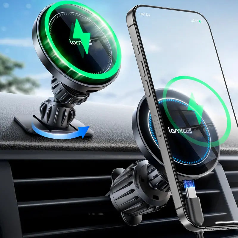 Lamicall Magnetic Wireless Charging Car Phone Mount - 360° Adjustable, Foldable, Powerful Suction Vacuum Hold, Stable Noiseless Auto Accessory, High Efficiency Charger for iPhone & Android Cars Tech Gadgets