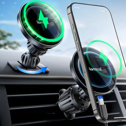 Lamicall Magnetic Wireless Charging Car Phone Mount - 360° Adjustable, Foldable, Powerful Suction Vacuum Hold, Stable Noiseless Auto Accessory, High Efficiency Charger for iPhone & Android Cars Tech Gadgets