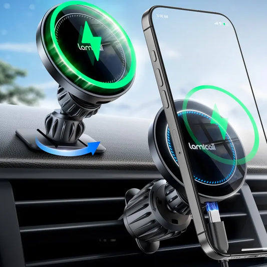 Lamicall Magnetic Wireless Charging Car Phone Mount - 360° Adjustable, Foldable, Powerful Suction Vacuum Hold, Stable Noiseless Auto Accessory, High Efficiency Charger for iPhone & Android Cars Tech Gadgets
