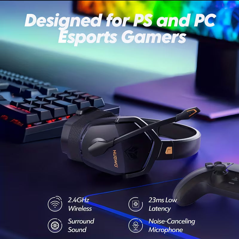 NUBWO G06 2.4Ghz Wireless Gaming Headset, Bluetooth Headphone with 7.1 Surround Sound, 23ms Ultra Low Latency, 50mm Driver, 100H Playtime, 3 Connection Modes (USB Dongle/Bluetooth/3.5mm), Dual Directional Mic, Compatible with PC, PS4, PS5, Xbox