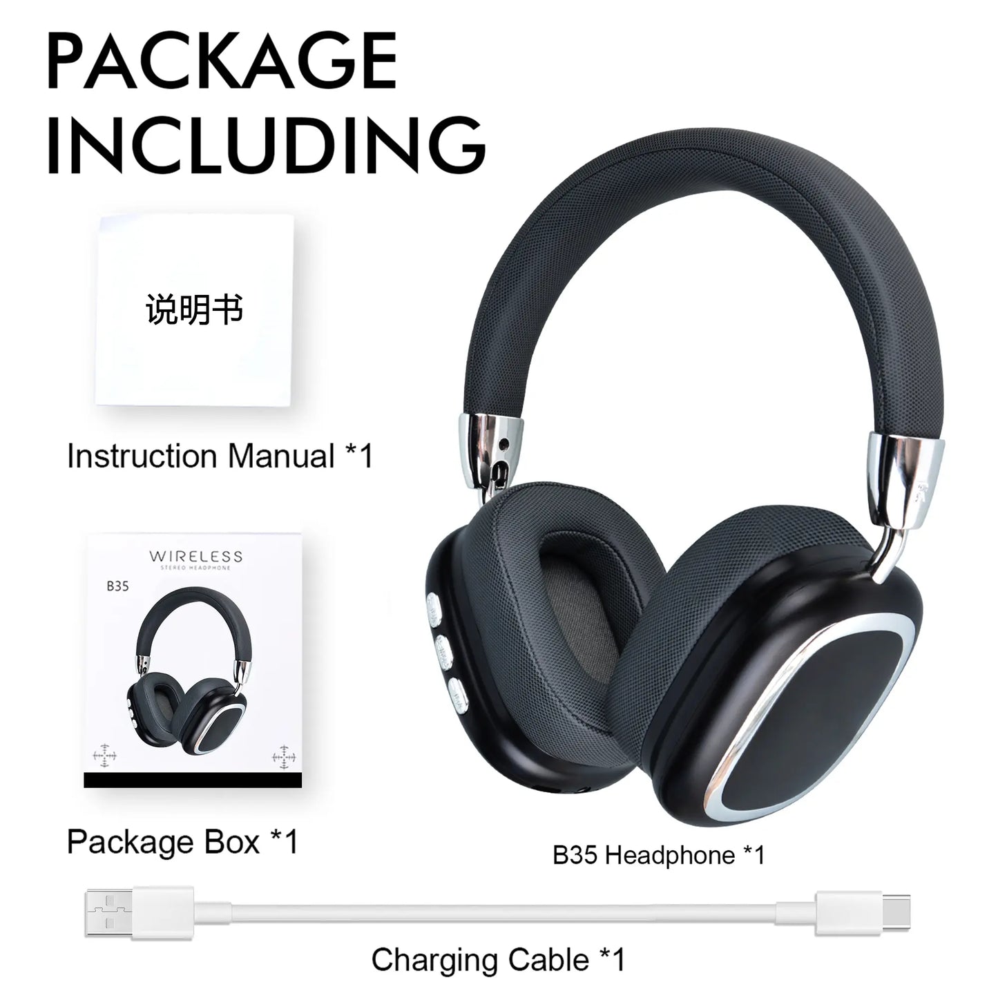 Black Over-Ear Wireless Bluetooth Headset - Portable Foldable Headset with Soft Ear Cushions, Wireless Noise Cancelling, Cable-Wired Foldable Headphones, Suitable for Travel, Laptops, Mobile Phones, Tech Gadgets, Teen Gift