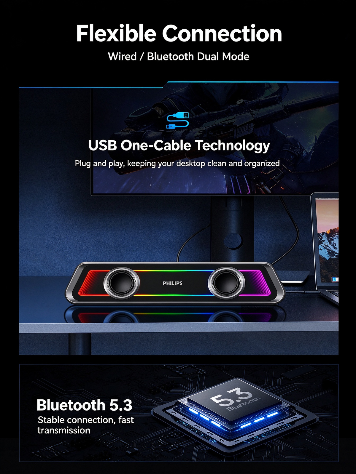 Philips Mirror-Finish Bluetooth Speaker - RGB Lighting, Long Strip Soundbar with Treble & Bass, Home Esports Gaming Speaker, TV Soundbar, Immersive Sound