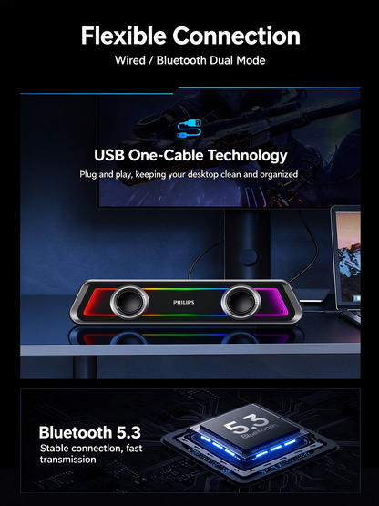 Philips Mirror-Finish Bluetooth Speaker - RGB Lighting, Long Strip Soundbar with Treble & Bass, Home Esports Gaming Speaker, TV Soundbar, Immersive Sound