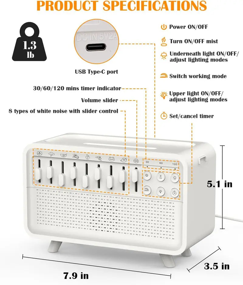 4-in-1 Wireless White Noise Machine – 8 Nature Sounds, Essential Oil Diffuser, Bluetooth Speaker, Night Light – Perfect for Sleep, Meditation, Work, Learning & Yoga