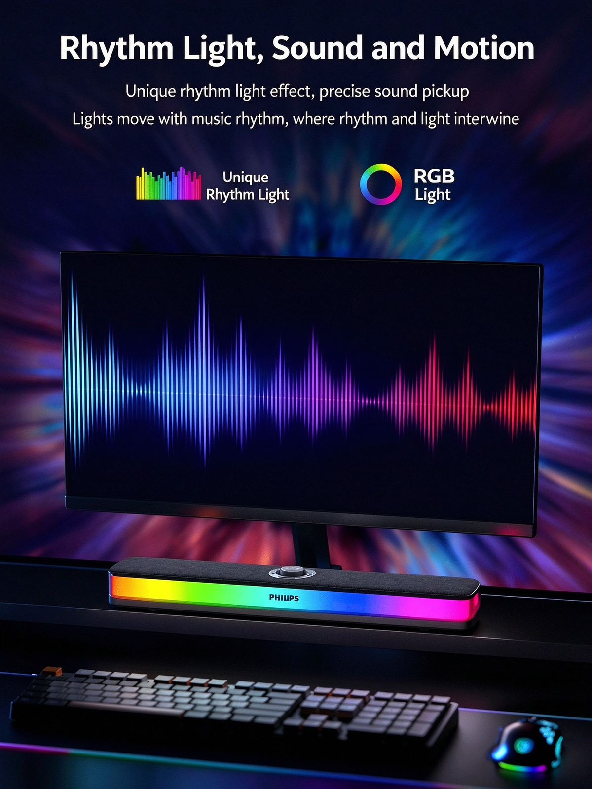 Philips Wireless Bluetooth Speaker - Desktop Long Strip Luminous RGB Gaming Esports Low Latency Soundbar for Computer, TV, Phone & Home Use