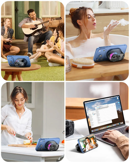 3-in-1 Portable Magnetic Bluetooth Speaker Headphones Phone Holder – Dual Separate Bluetooth 5.4, 600mAh Battery, Twin Wireless Speakers + Headphones for iPhone/Android, Travel Office Multi-Device