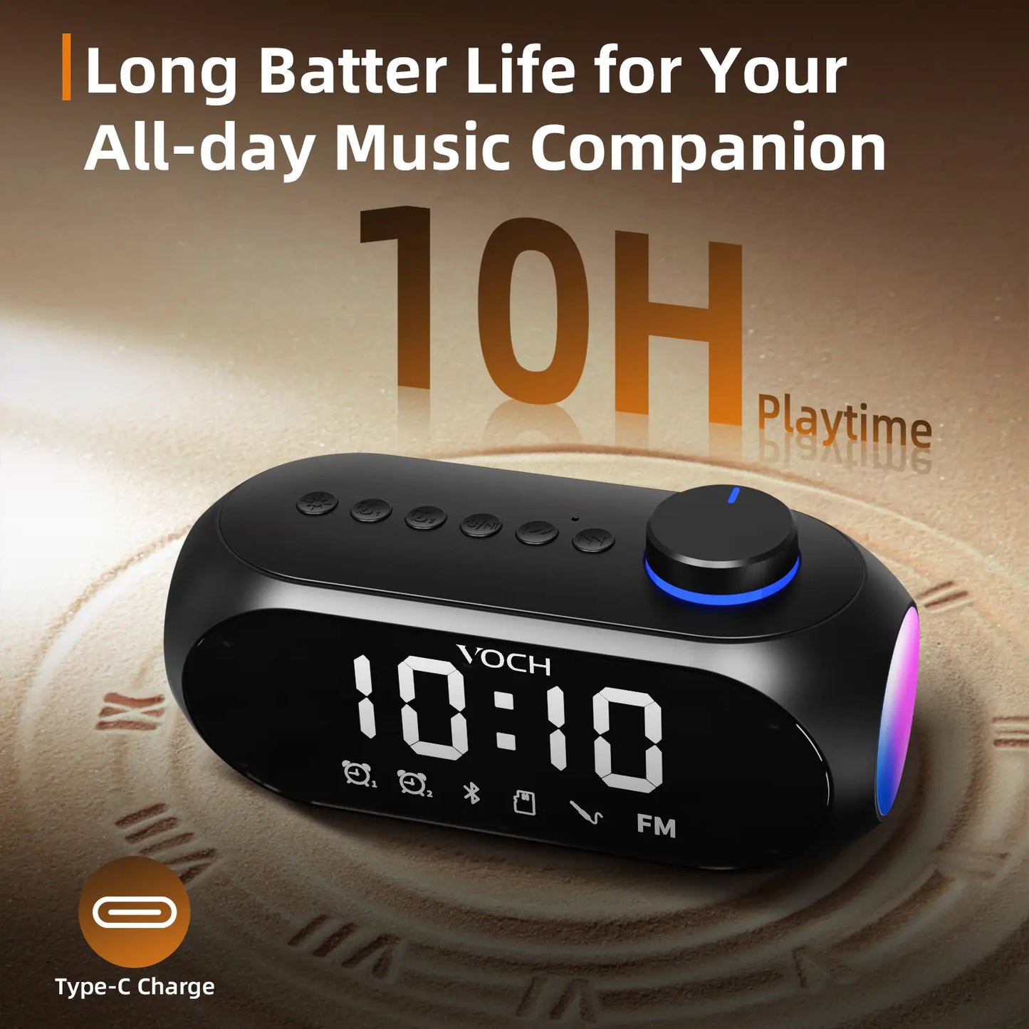 Bluetooth Speaker with Dual Alarm Clock – FM Radio, TF Card Slot, AUX Input, LED Mood Light – Digital Bedside Clock for Bedroom, Home, Travel