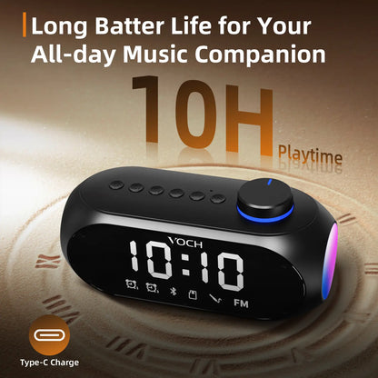 Bluetooth Speaker with Dual Alarm Clock – FM Radio, TF Card Slot, AUX Input, LED Mood Light – Digital Bedside Clock for Bedroom, Home, Travel
