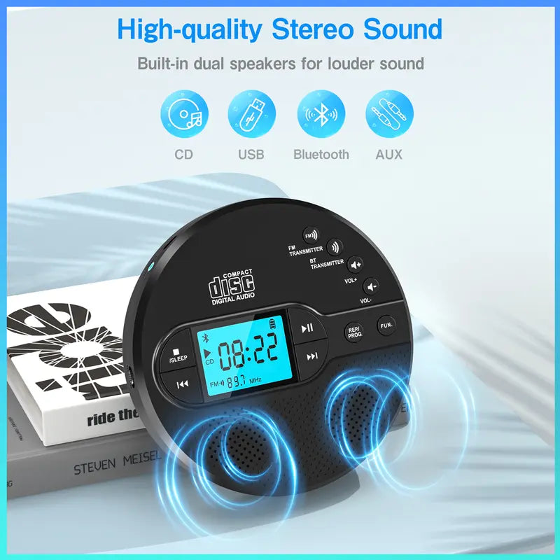 Portable CD Player with Bluetooth 5.1 – Stereo Sound, FM Transmitter, 2000mAh Battery, Anti-Skip Protection, AUX/USB Ports, LCD Display – for Car & Home, Great Gift