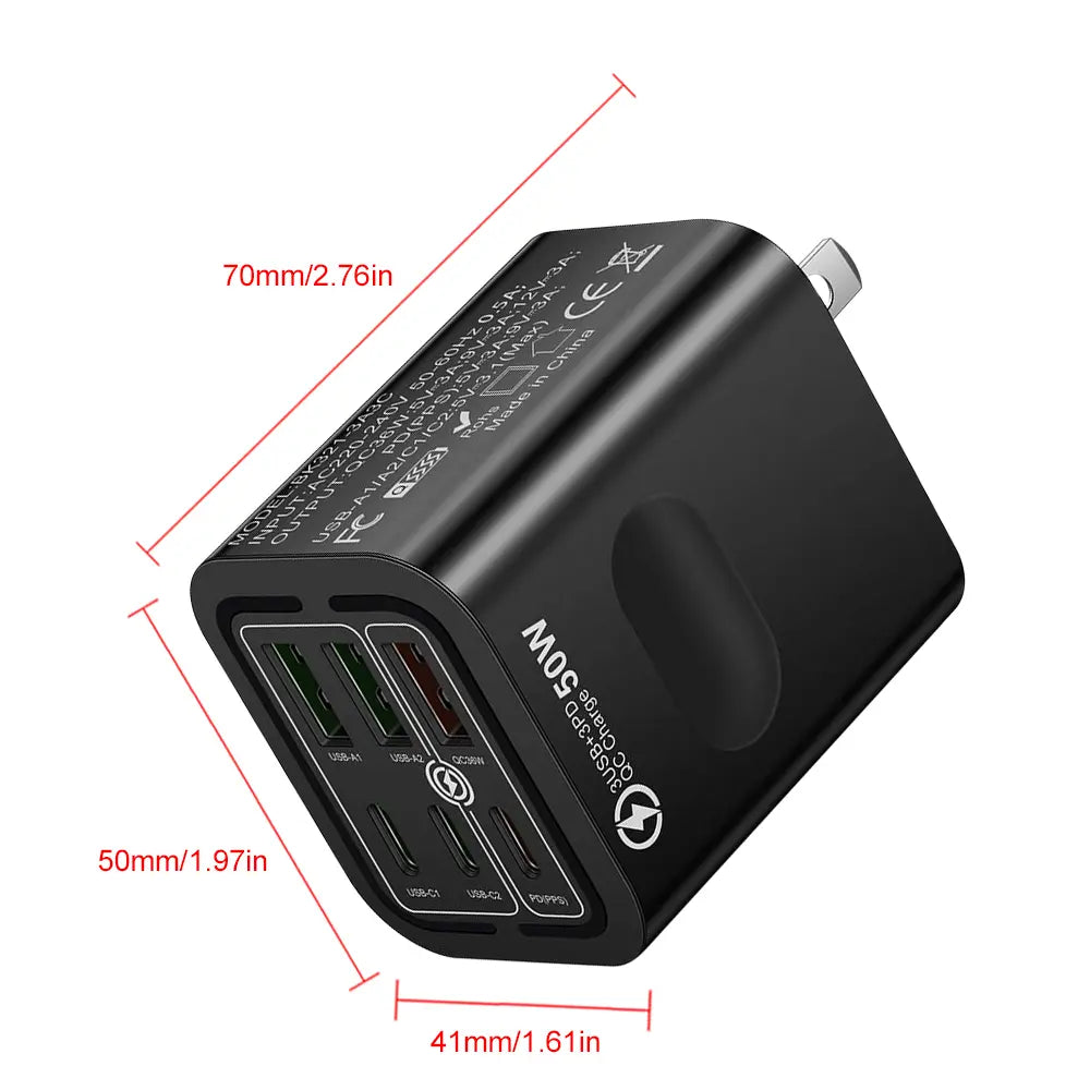 KAXOE Portable Multi-Port Charging Station 50W – 6-Port USB-C & USB-A Adapter Cube Plug for iPhone, iPad, Samsung – Fast Charging Hub