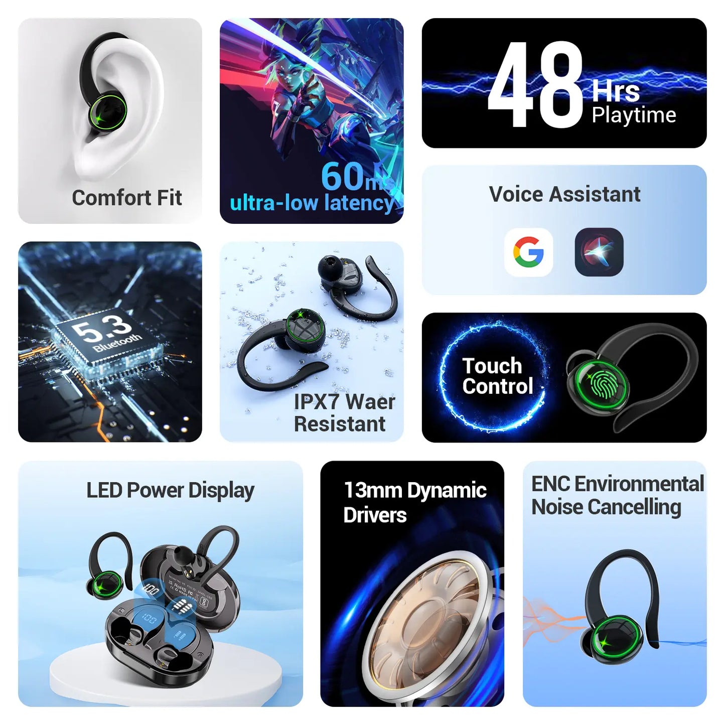 Wireless Bluetooth Earbuds - IPX7 Water Repellent, Sturdy In-Ear Headphones with Type-C Jack, Noise Reduction, 1-Year Warranty, High-Quality Audio, Hanging Ear Design (Black)