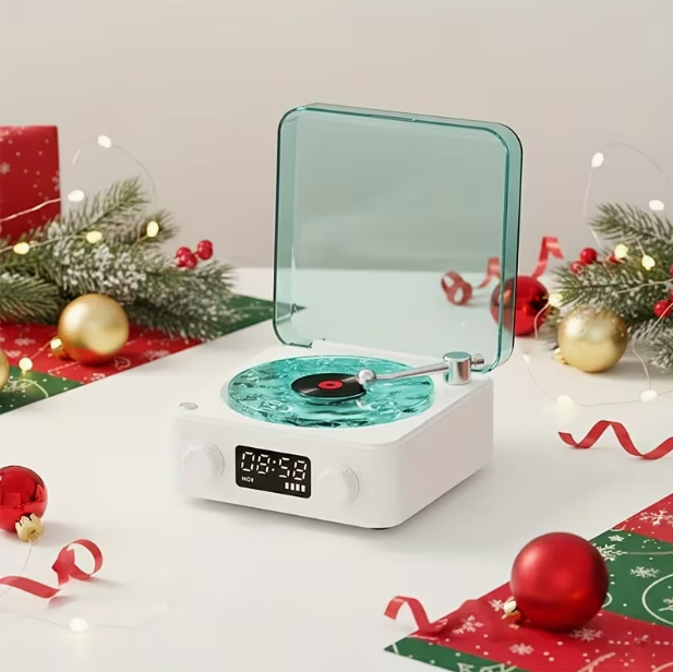 Multifunctional White Noise Speaker – 4 Natural Sounds, Adjustable Ambient Lighting, Wireless Audio, 4 Play Modes, Retro Turntable Design