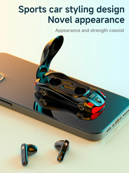 Black Wireless Earphone with Cool Sports Car Shape – Low Latency & Long Battery Life, Portable Bluetooth Earbuds