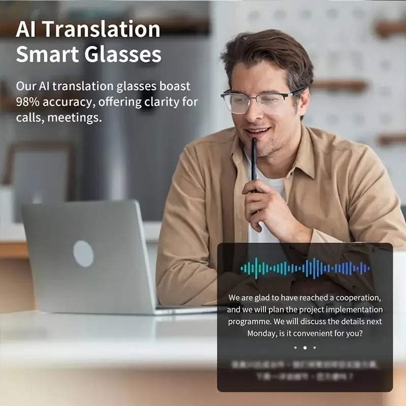 High-End AI Semi-Rimless Smart Glasses 164-Language Real-Time Translation | Open-Ear HD Audio, Bluetooth Calls & Music | Stylish Photochromic Lenses | Hands-Free, Lightweight & Comfortable for Daily Wear, Travel & Commuting | Easter gift