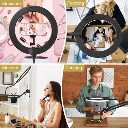 Overhead Ring Light Kit with Boom Arm and Phone Holder - Adjustable Angle for Recording, Live Stream, Makeup and Nail Art