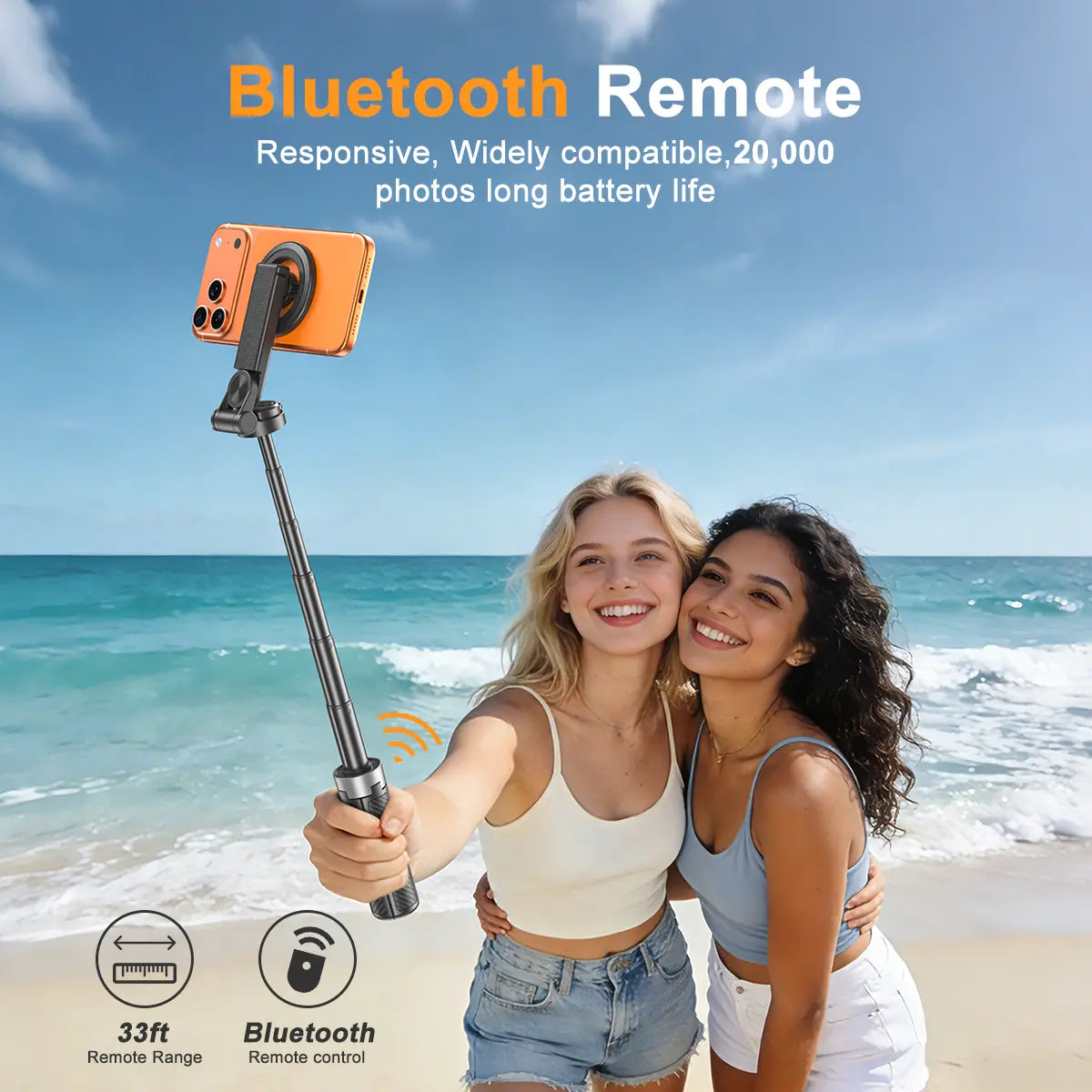 4-in-1 Magnetic Selfie Stick with Remote - 360° Rotation, Transforms into Mini Tripod, Camera Grip, Handheld Stabilizer and Phone Stand, Extends to 17.32 Inches