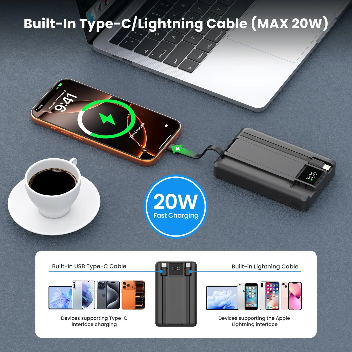 Digiera 10000mAh MagSafe Wireless Power Bank with Dual USB-C and Lightning Cables - Fast Charging, LED Display, Compact Travel Charger for iPhone 17/16/15/14/13/12 Series