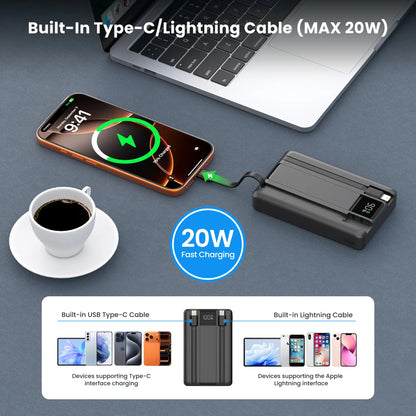 Digiera 10000mAh MagSafe Wireless Power Bank with Dual USB-C and Lightning Cables - Fast Charging, LED Display, Compact Travel Charger for iPhone 17/16/15/14/13/12 Series