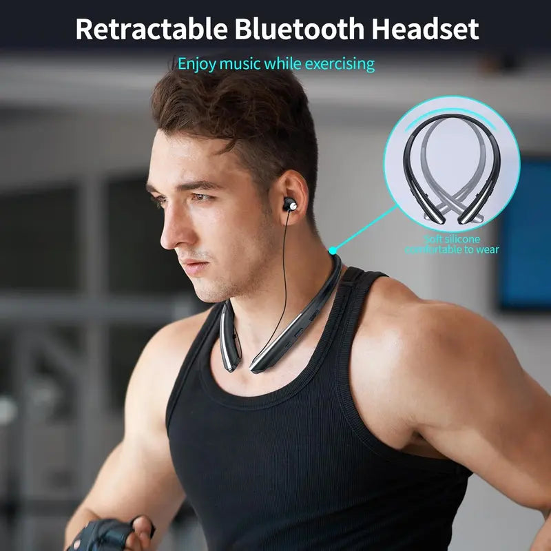 Retractable Bluetooth Neckband Headphones - Noise Cancelling Wireless Sports Earbuds with Microphone, IPX5 Sweat Resistant for iPhone, Android, Samsung and PC (Black)