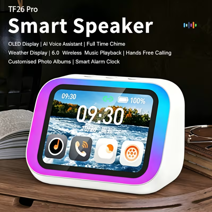 AI Smart Speaker & Alarm Clock with Wireless Speaker – Dynamic RGB Light, Hi-Fi Stereo Sound, HD Smart Display, Answer/Make Calls, Voice Assistant, Period Tracker, 2500mAh Battery, Portable Bedside Digital Clock