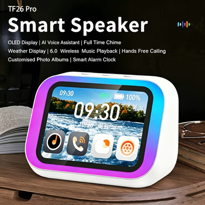 AI Smart Speaker & Alarm Clock with Wireless Speaker – Dynamic RGB Light, Hi-Fi Stereo Sound, HD Smart Display, Answer/Make Calls, Voice Assistant, Period Tracker, 2500mAh Battery, Portable Bedside Digital Clock