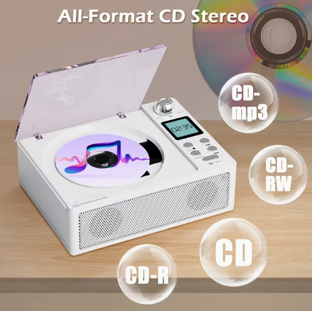 Multifunctional CD Player with Dual Stereo Speakers – USB/AUX Input, FM Radio, Type-C Charging, LED Display, Remote Control, Bluetooth Receiver & Stereo Earphone Jack