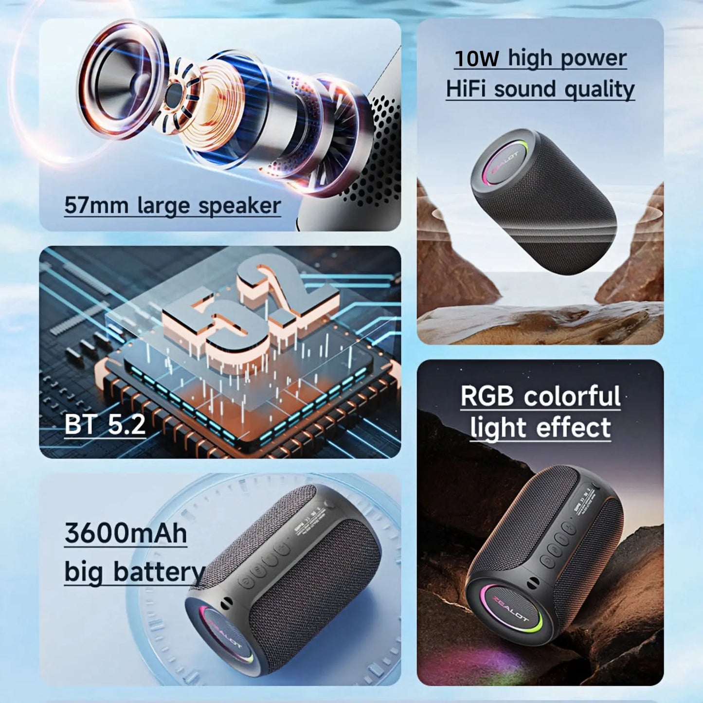 ZEALOT Portable Bluetooth Speaker – Outdoor Wireless, RGB Lights, IPX5, 12H Playback, Heavy Bass – Mini Lightweight for Camping & Hiking