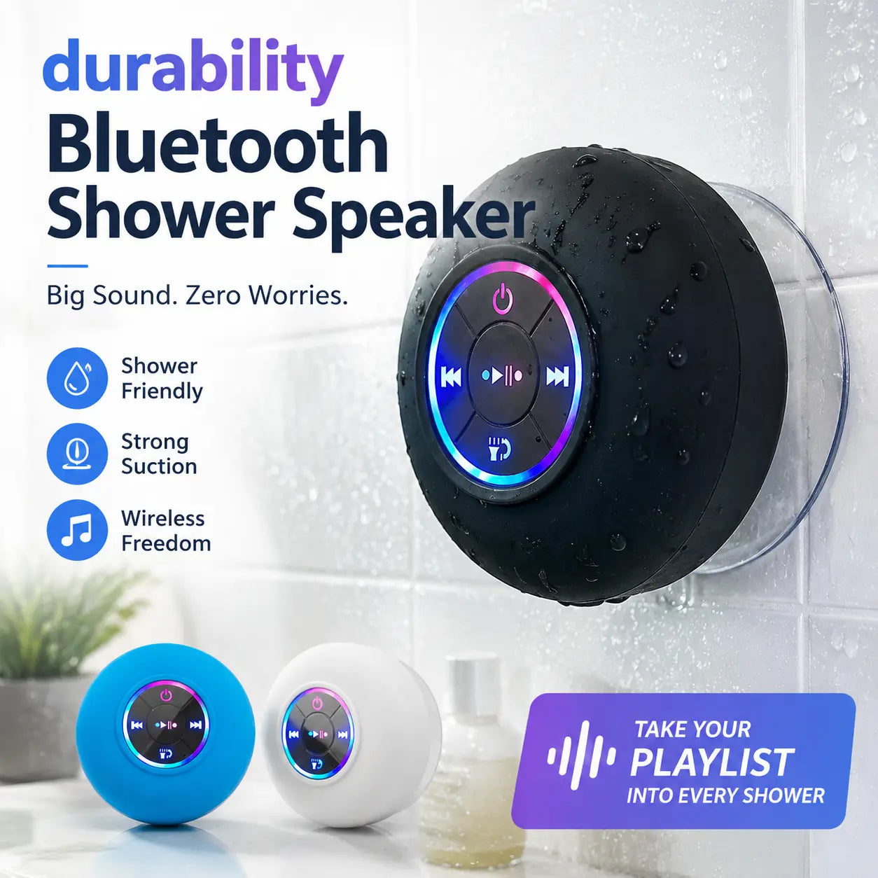 Waterproof Bluetooth Speaker with Suction Cup & Lanyard 2-in-1 Portable Wireless Shower Speaker for Bathroom, Outdoor, Beach & Car RGB LED Mini Travel Speaker for Hiking Camping | Gift for Men Women – 🔥 Order 1 Get 2 🔥