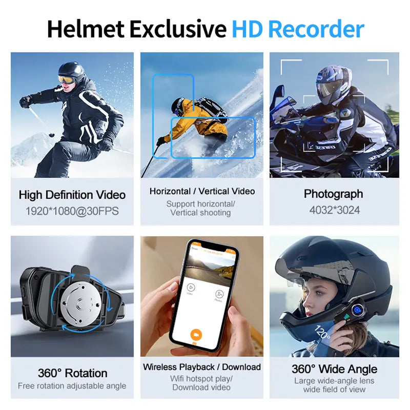 Motorcycle Bluetooth Helmet Camera Headset, Free 32GB Card, 2-in-1 Intercom & Dash Cam, 1080P, Waterproof, Hands-Free Calls