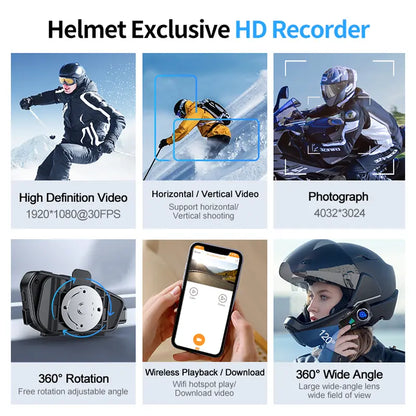 Motorcycle Bluetooth Helmet Camera Headset, Free 32GB Card, 2-in-1 Intercom & Dash Cam, 1080P, Waterproof, Hands-Free Calls