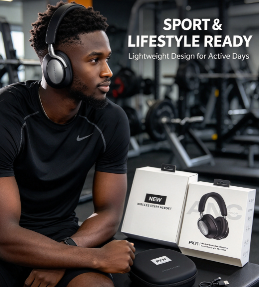 PX71 ANC Over-Ear Bluetooth Headphones - Metallic Finish with Curved Hook Design and Active Noise Cancelling