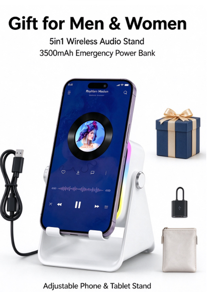 5in1 Wireless Induction Audio Speaker Stand, 3500mAh Emergency Power Bank, 360° Adjustable Phone Tablet Holder with Colorful Ambient Light, Gifts for Men Women