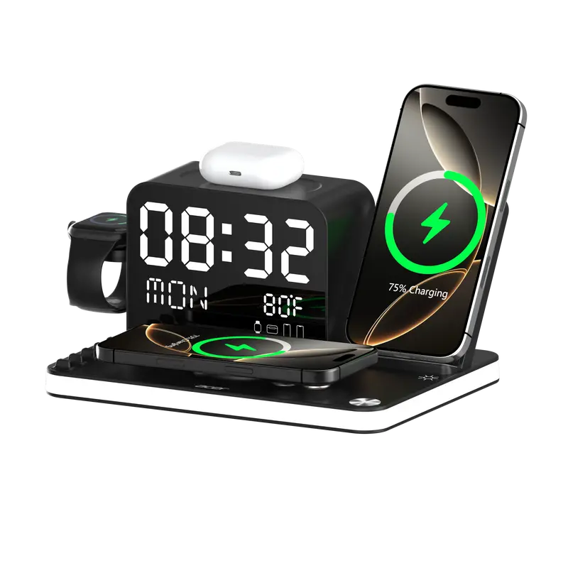 Acer 7 in 1 Wireless Charging Station with Fast Wireless Charger, LED Night Light, Bluetooth Time Sync Clock & Temperature Display, USB-A & USB-C, Magnetic MagSafe – for iPhone, Android Phone, Apple Watch & AirPods, Gift